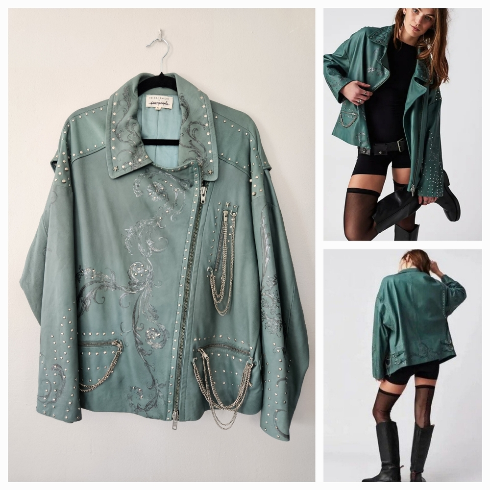 Free People x Nigel Preston Chain Embellished Biker Jacket Aqua - Picture 1 of 17